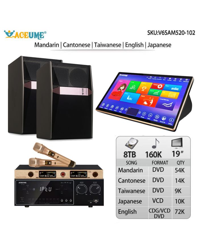 V6SAM520-102 8TB HDD 160K Mandarin Cantonese Taiwanese English Japanese  Songs 19"Touch Screen Karaoke Player Cloud Download Jukebox Select Songs Via Monitor And Mobile Controller Include Microphone