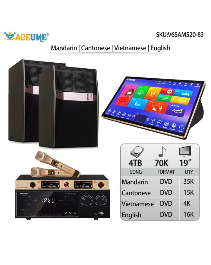 V6SAM520-83 4TB HDD 70K Chinese  Cantonese English Vietnamese Songs 19"Touch Screen Karaoke Player Free Cloud Download Mobile Device Select Songs Microphone Port Remote Controller Free Microphone Include