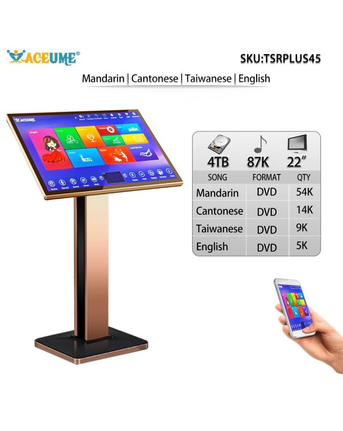TSRPLUS45-4TB HDD 87K Chinese Mandarin Cantonese DVD English DVD Songs 22" Touch screen karaoke player Cloud Download Microphone Port ECHO Mixing Free Microphone Included