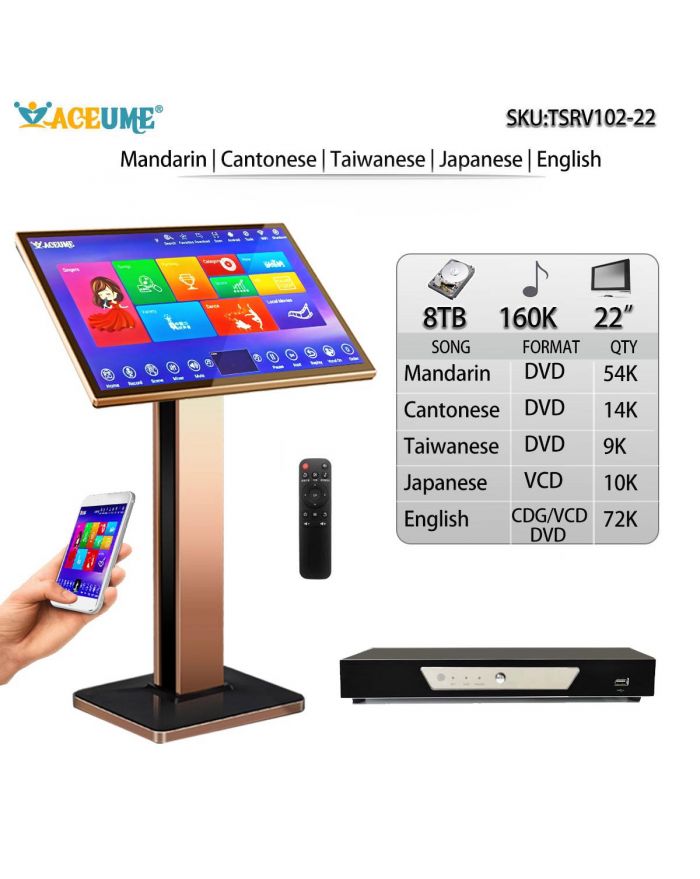 TSRV102-22 8TB HDD 160K Mandarin Cantonese Taiwanese English Songs Japanese 22"Touch Screen Karaoke Player Cloud Download Jukebox Select Songs and Mobile Device Remote Controller 