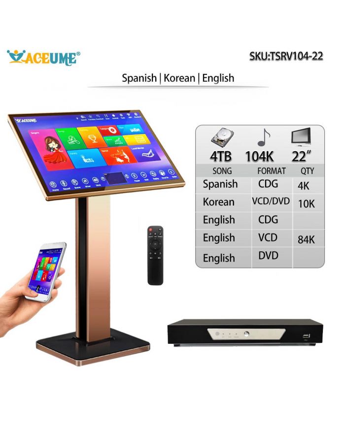 TSRV104-22 4TB HDD104K Korean And English Songs  TSRV 22" Touch Screen Karaoke Player Songs Player Jukebox Select Songs Both Via Monitor 