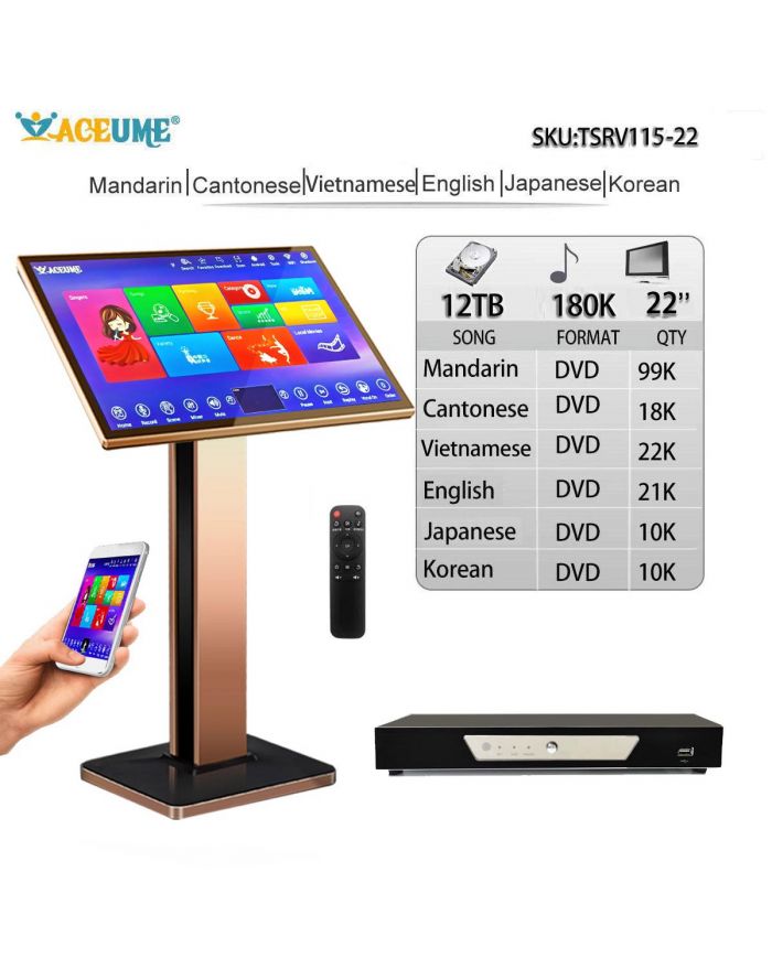 TSRV115-22 12TB HDD 180K Mandarin Cantonese  Vietnamese English  Janpanese  Korean  DVD Songs 22"Touch Screen Karaoke Player Free Cloud Download Mobile Device And the Monitor Select Songs