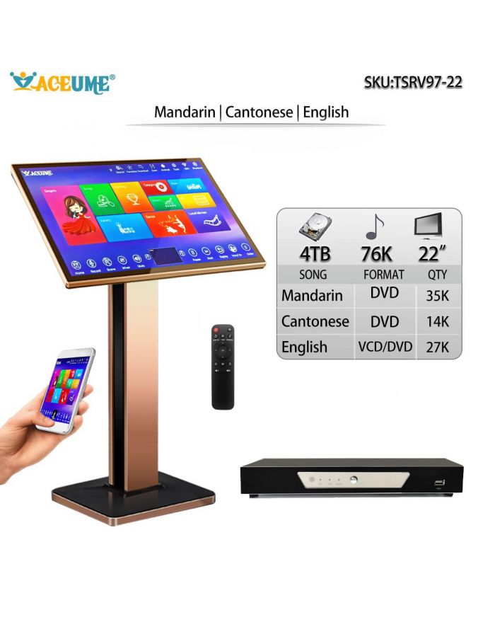 TSRV97-22 4TB HDD 76K Chinese Mandarin Cantonese English Touch Screen Karaoke Player 22'' TSRV Free Cloud Download
