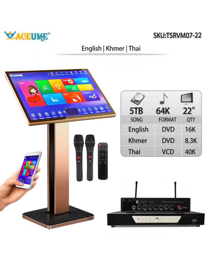 TSRVM07-22 5TB HDD 64K NEW Khmer/Cambodian songs Thai English Songs 22" Touch Screen Karaoke Player ECHO Mixing Select Songs Via Monitor and Mobile deviece Remote Controller and Microphone Includd Multilingual Menu