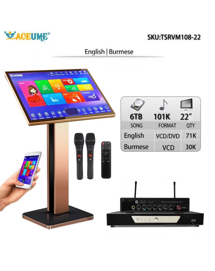 TSRVM108-22 6TB 101K Chinese English Khmer Thai Vietnamese Songs 22" TSRV Touch Screen Karaoke Player Cloud Download Remote Controller Microphone