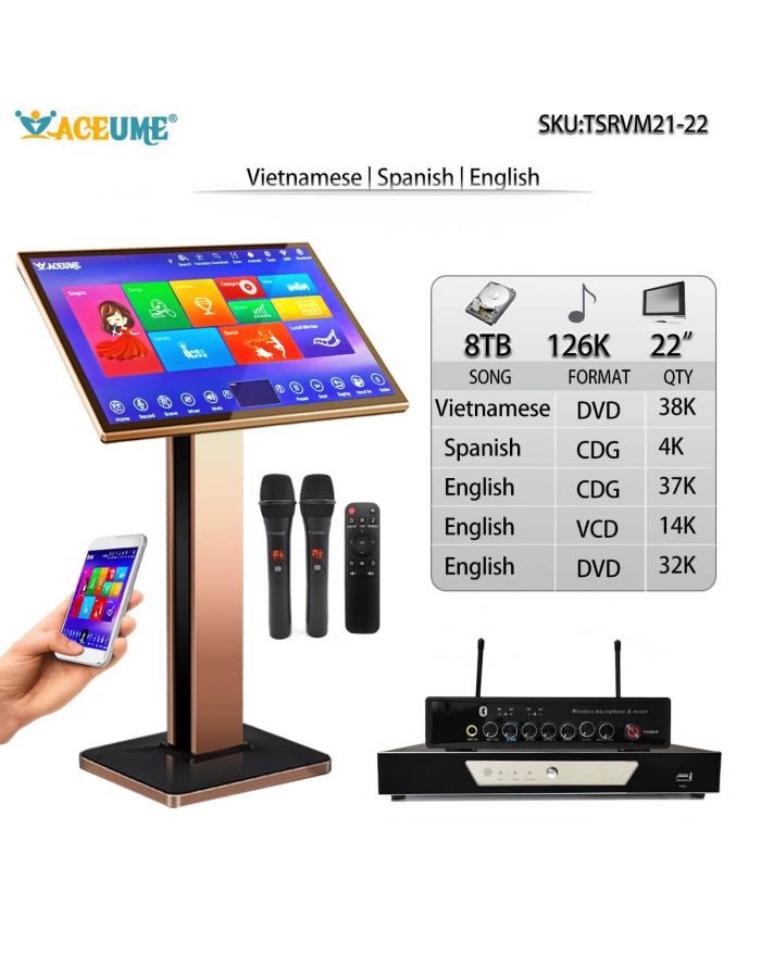 TSRVM21-22 8TB HDD 126K Vietnamese English Spanish Songs 22" Touch Screen Karaoke Player Multilingual Menu and Fast Search Microphone And Remote Controller and microphone