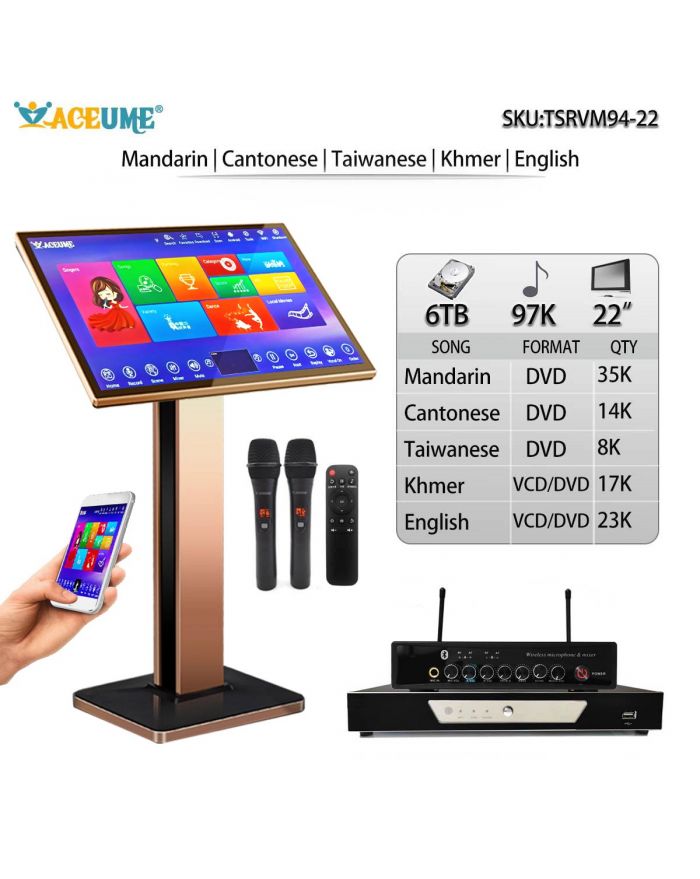 TSRVM94-22 6TB 97K Chinese DVD  Cantonese DVD Taiwanese DVD English DVD Khmer/Cambodian VCD DVD Songs 22" Touch Screen Karaoke Player Cloud Download ECHO Mixing Free Micropone Remote Controller