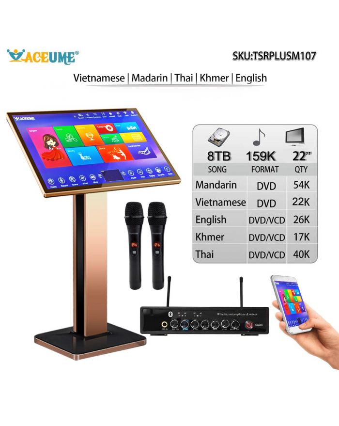 TSRPLUSM107-8TB 159K Chinese English Khmer Thai Vietnamese Songs 22" TSRPLUS Touch Screen Karaoke Player Cloud Download Remote Controller Microphone